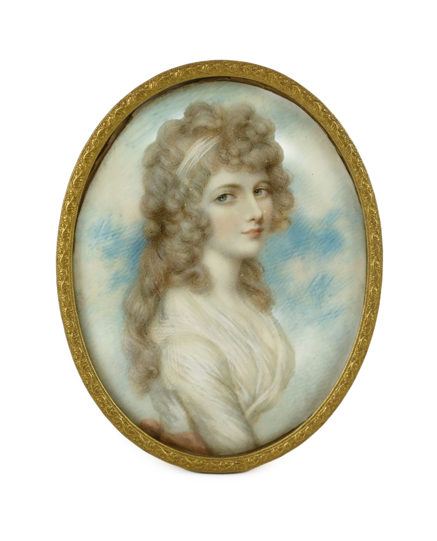 Attributed to Andrew Plimer (1763-1837), Miniature portrait of the Countess of Clare, watercolour on ivory, 8.5 x 6.75cm
